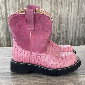 Ariat Fatbaby Boots Women 6.5B Pink Ostrich Leather Print Cowgirl Western Rodeo